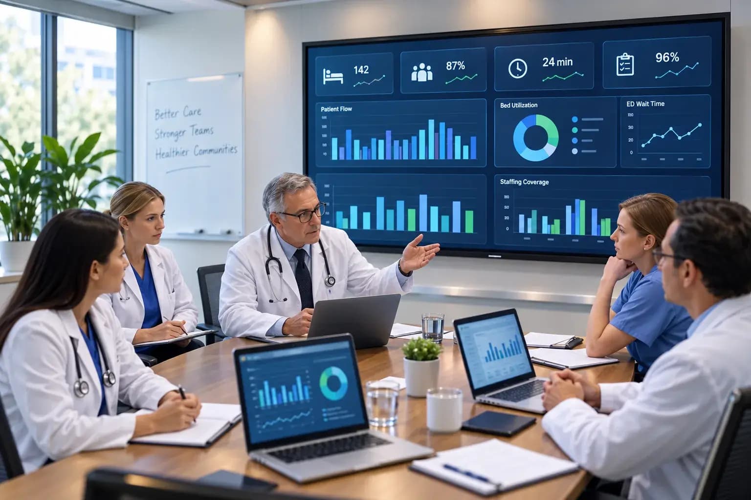 Illustration of doctors and nurses reviewing patient-flow and bed-utilization dashboards